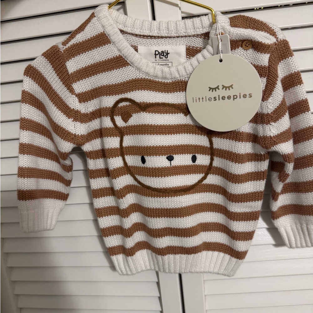 Little Sleepies Striped Bear Knit Sweater in Brown & White